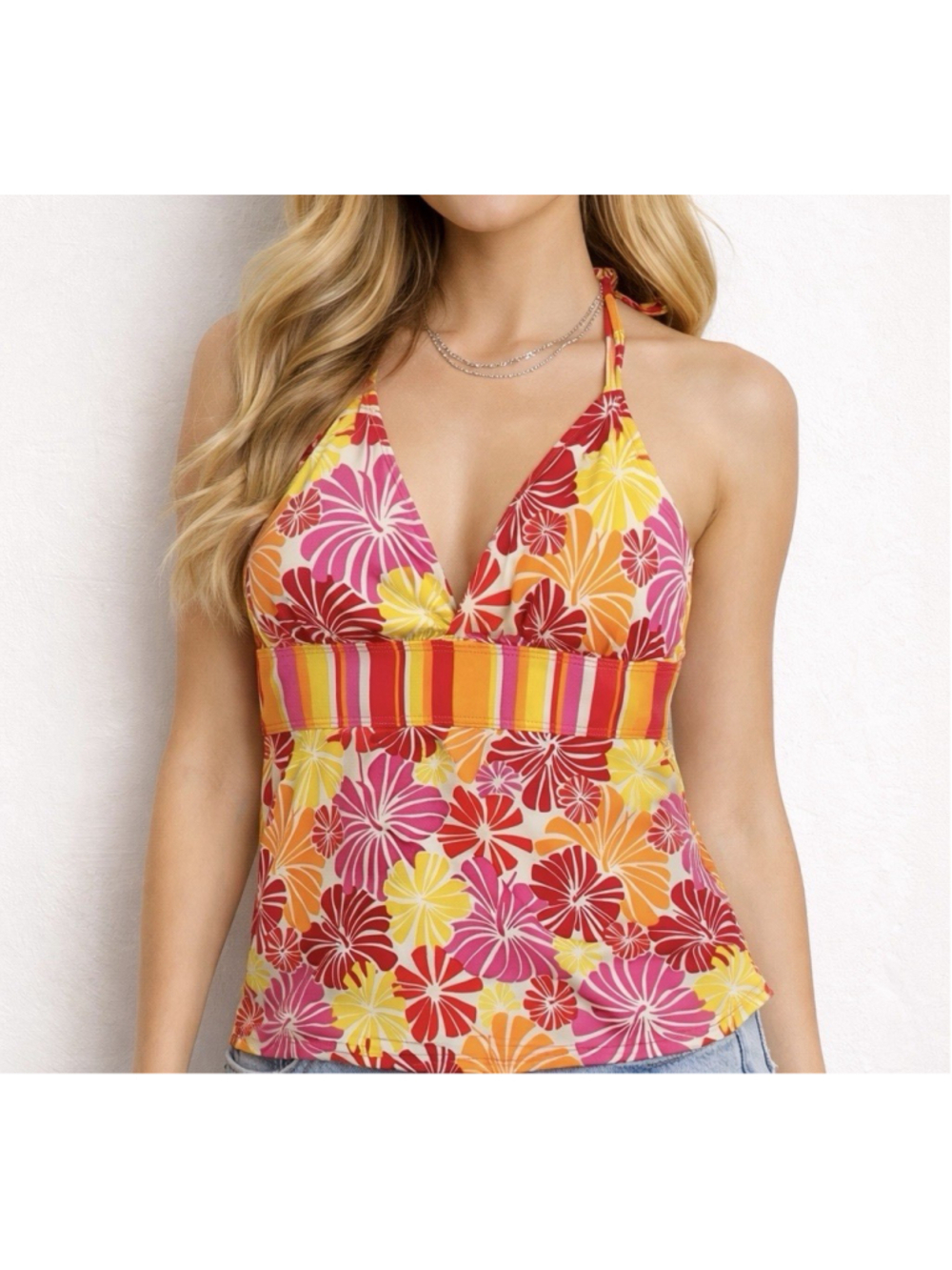CANCUN Swimwear Women Large Tankini Top Floral Halter Y2K Beach Tropical Plunge